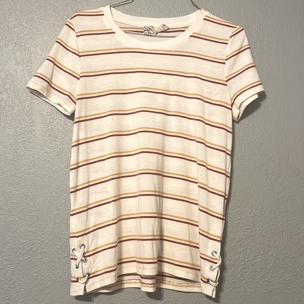 Small Cream Colored Shirt with Yellow and Red Stripes, Has Crosses on Bottom